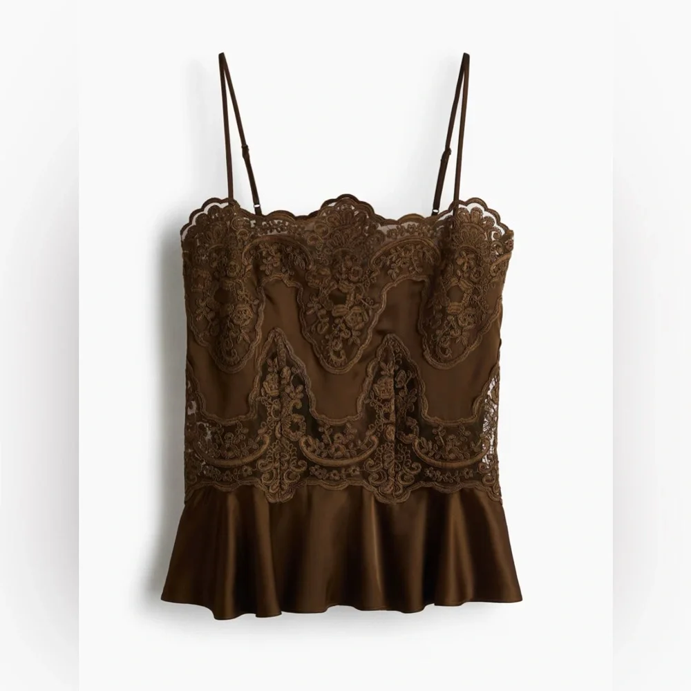 H&M lace detail Camisole Top satin dark brown size small NWT - Picture 6 of 9